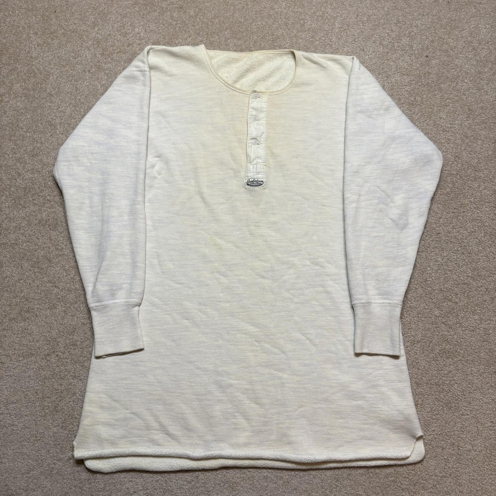 Vtg 40s 50s‎ Lambsdown Cotton Fleece Henley Sweatshirt Mens Large White Thermal